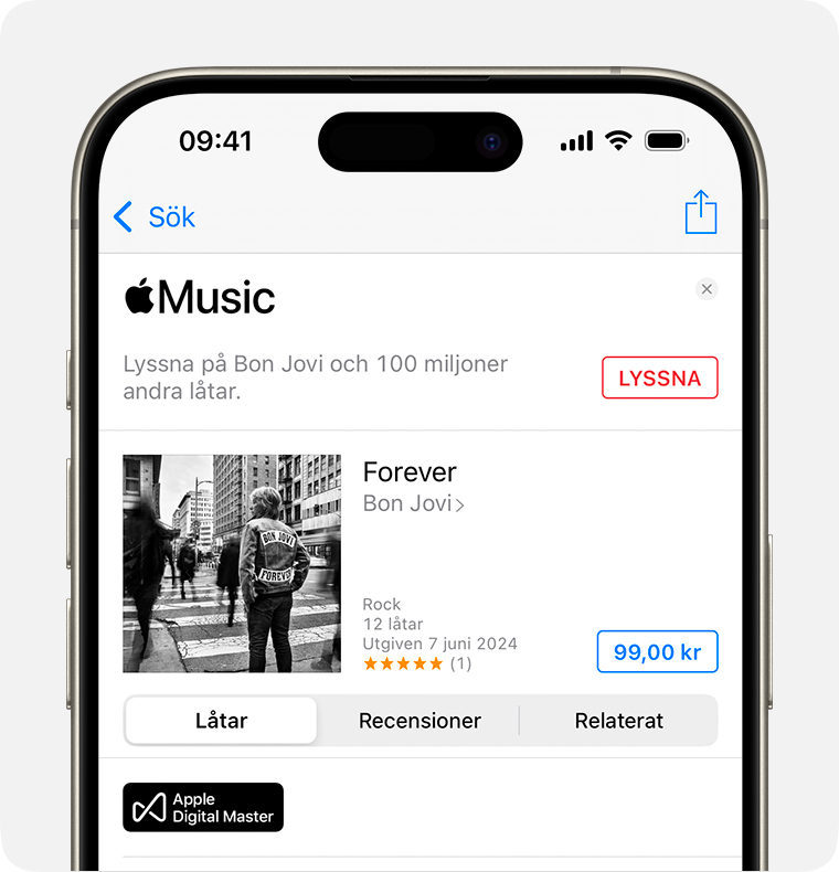 Köpskärmen för Forever av Bon Jovi i iTunes Store. Köp-knappen finns till höger på skärmen. Det är priset på albumet i en blå ruta.