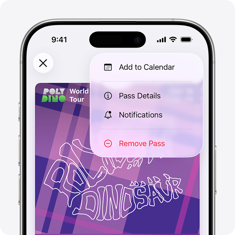 An option to remove a pass in the Wallet app.
