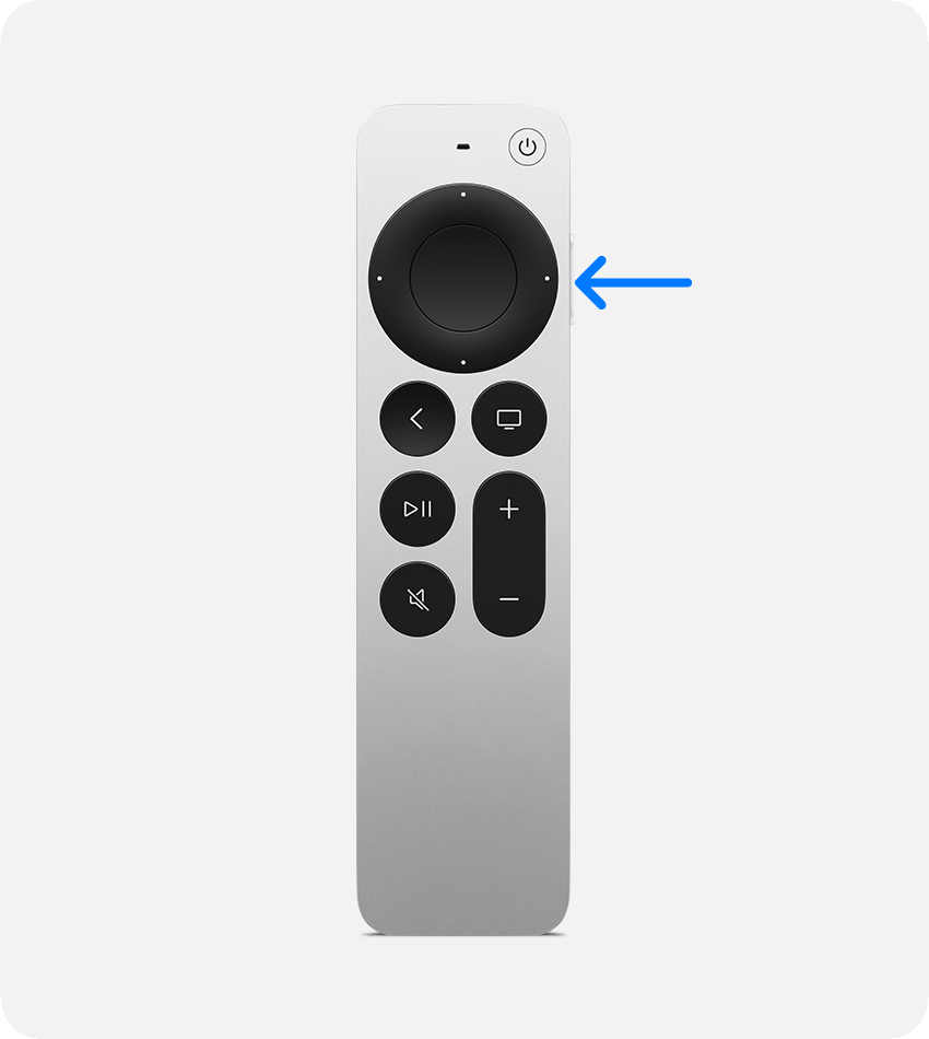 Siri'yi çağırmak için yan düğmeyi gösteren mavi bir ok ve Apple TV Remote