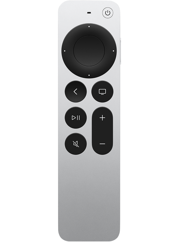 Siri Remote (2:a generationen) eller Apple TV Remote (2:a generationen) med aluminiumhölje i silver och tryckplatta
