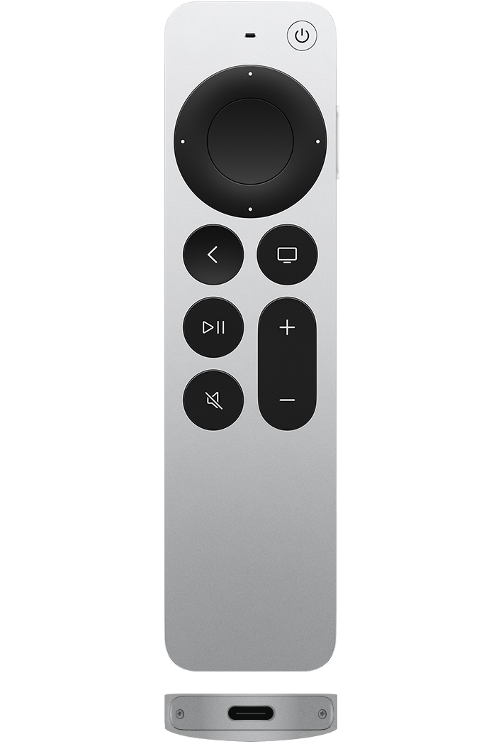 Siri Remote (3rd generation) or Apple TV Remote (3rd generation) with aluminum silver casing and USB-C charging port