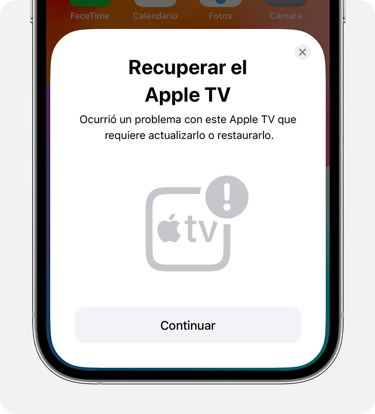 La notificación Recuperar Apple TV en el iPhone.