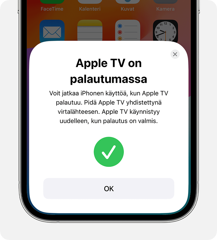 iPhonessa näkyy Apple TV on palautumassa -ilmoitus.