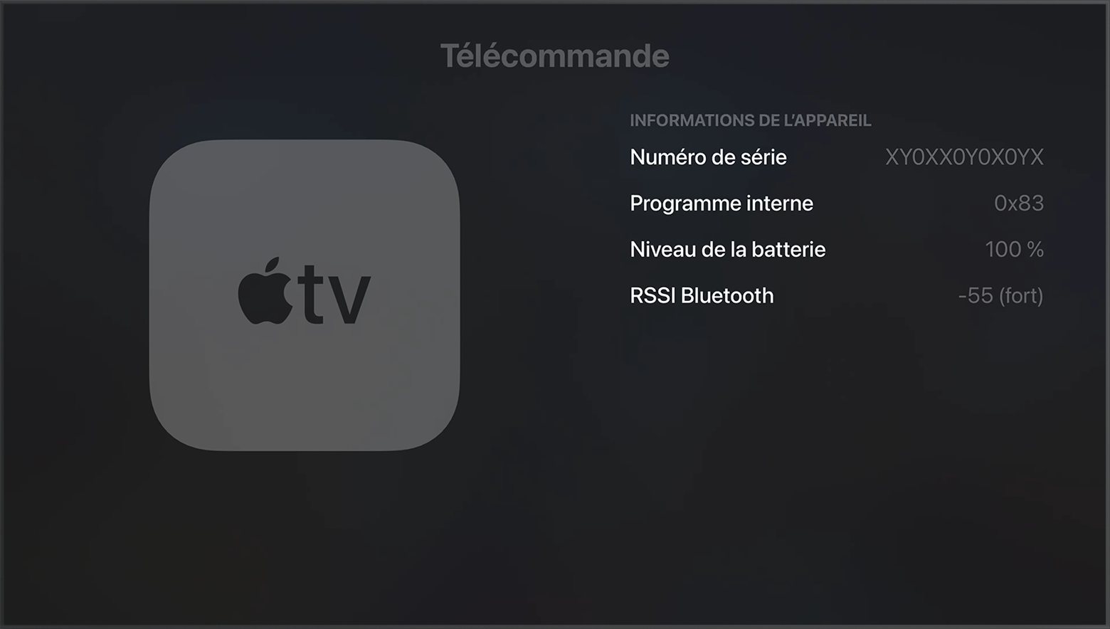 Bluetooth RSSI dans les réglages d’Apple TV affiche la puissance du signal Bluetooth.