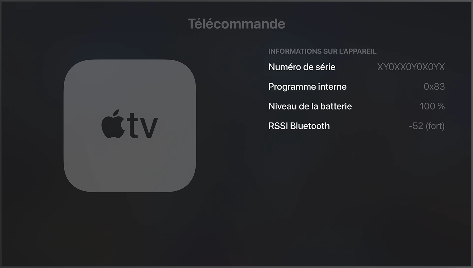 RSSI Bluetooth dans les réglages de l’Apple TV, indiquant l’intensité du signal Bluetooth.