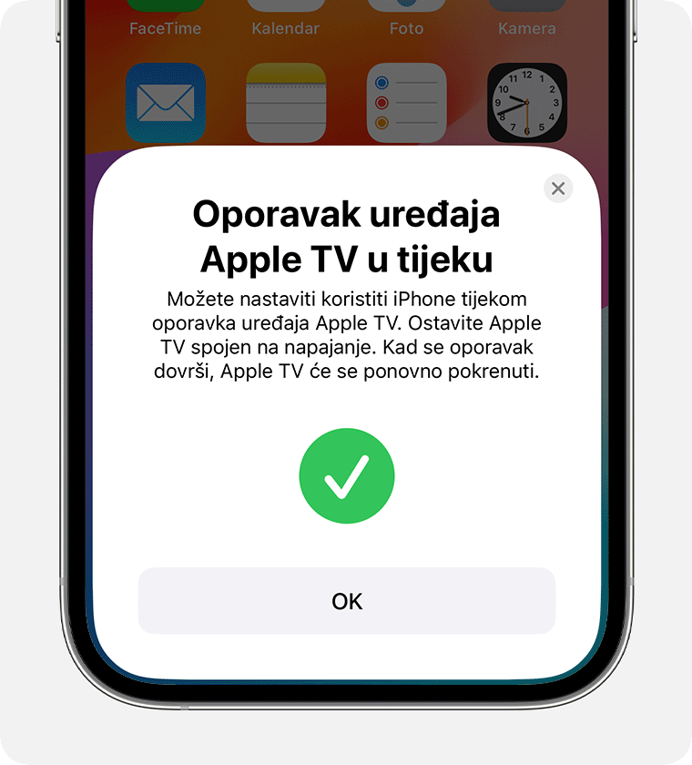 Na iPhone uređaju prikazat će se obavijest o tome da se Apple TV obnavlja.