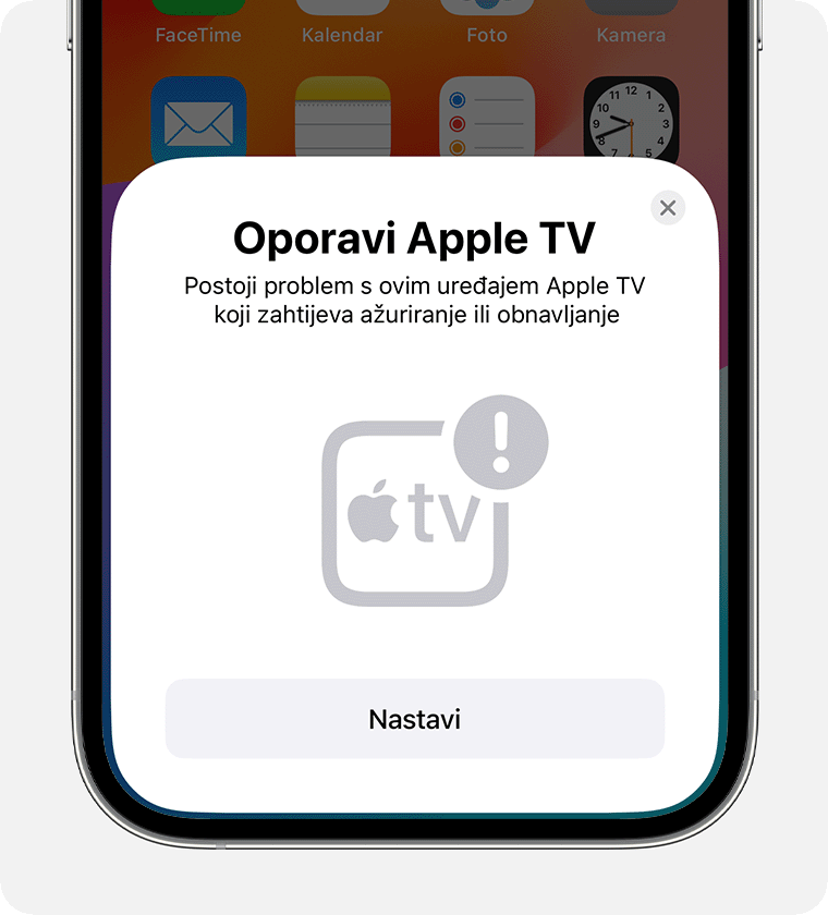 Obavijest o obnovi Apple TV uređaja na iPhone uređaju.