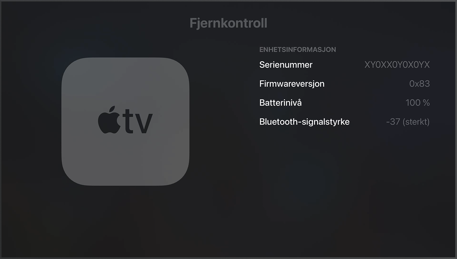 Bluetooth RSSI i Apple TV-innstillinger viser Bluetooth-signalstyrke.