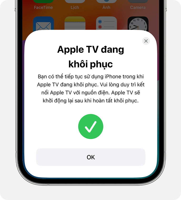 Thông báo Apple TV đang khôi phục xuất hiện trên iPhone.