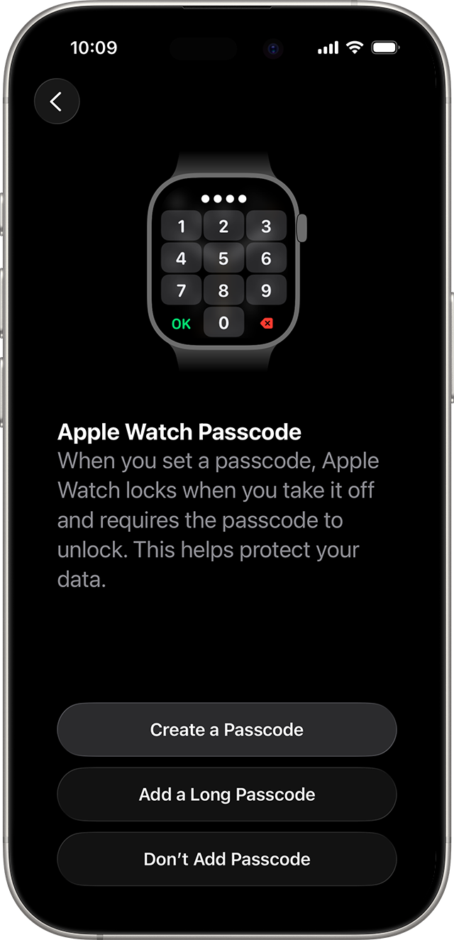 Pantalla de configuración del código del Apple Watch