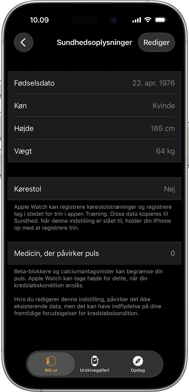 En iPhone-skærm, der viser de tilgængelige sundhedsoplysninger, du kan opdatere, f.eks. fødselsdag, køn og højde.