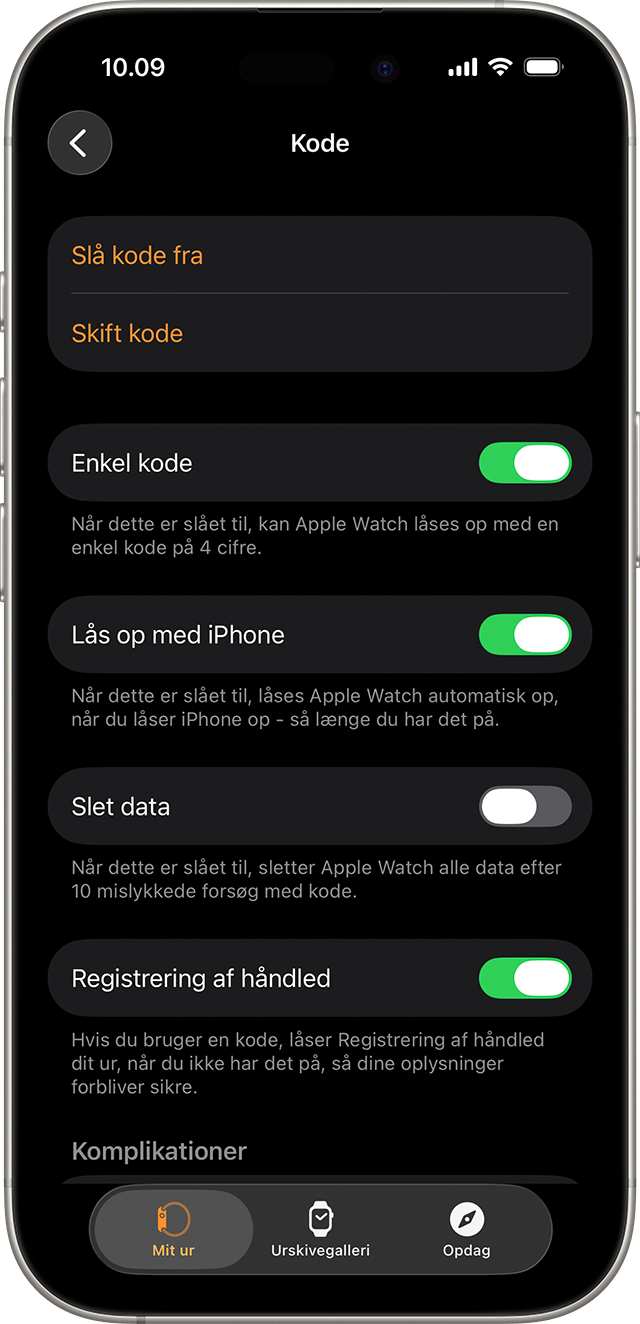 En iPhone, der viser de tilgængelige kodeindstillinger fra Apple Watch-appen.