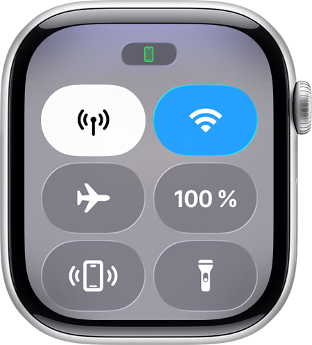 Kontrolcenter på Apple Watch med visning af det grønne iPhone-symbol