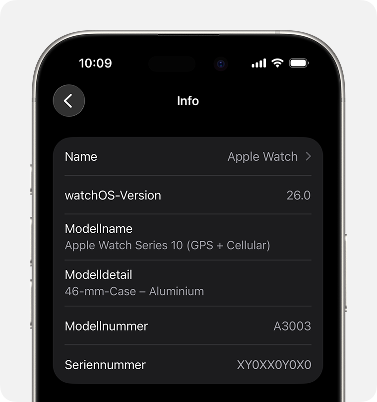 iPhone mit Infobildschirm und Seriennummer