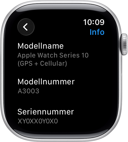 Apple Watch mit Infobildschirm und Seriennummer