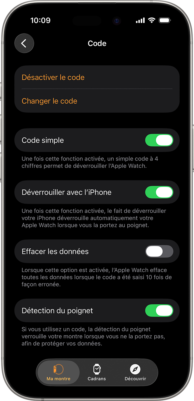 Un iPhone qui affiche les réglages du code d’accès disponibles à partir de l’app Apple Watch.