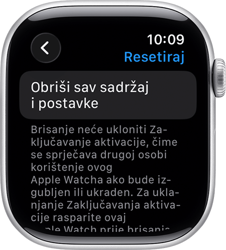 Apple Watch uređaj s prikazanim opcijama Obriši sav sadržaj i Postavke