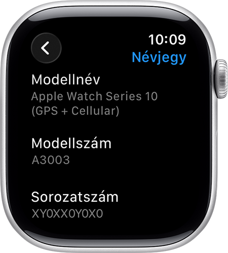 Egy Apple Watch, amelyen a Névjegy képernyő és a sorozatszám látható