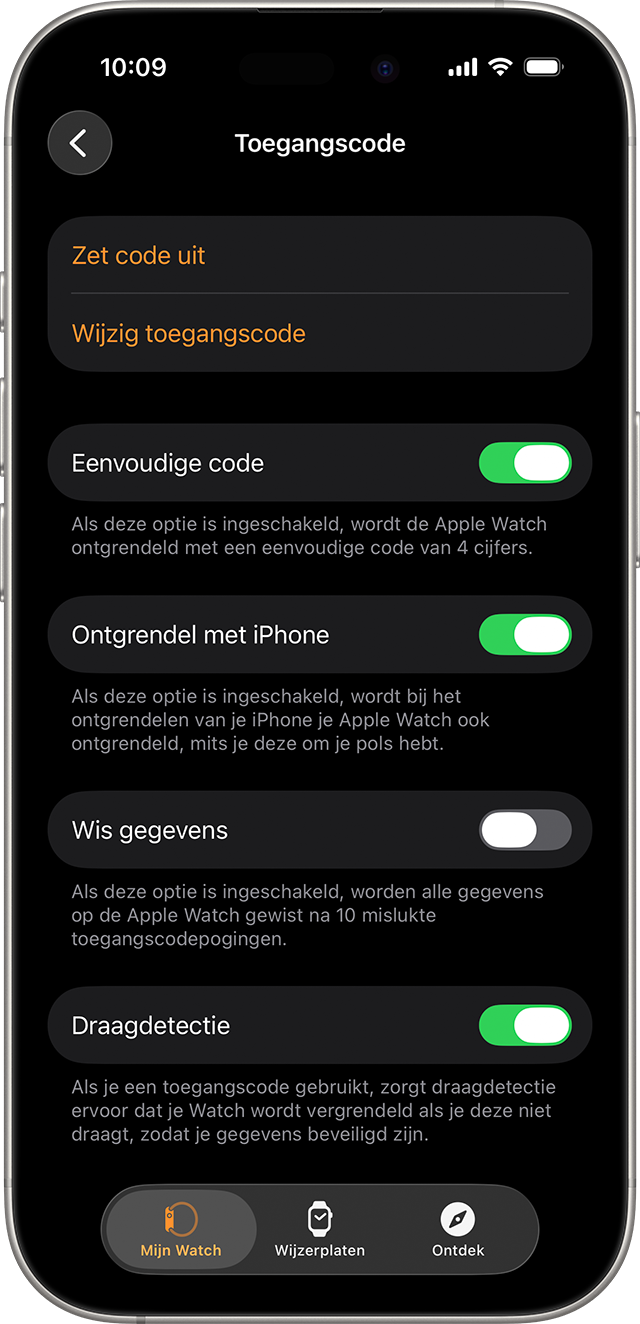Een iPhone die de beschikbare toegangscode-instellingen van de Apple Watch-app toont.