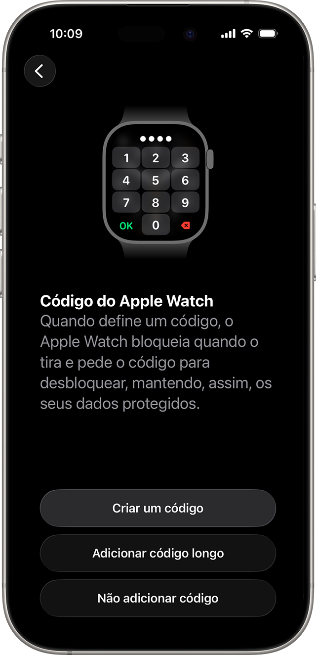 Ecrã de configuração do código do Apple Watch