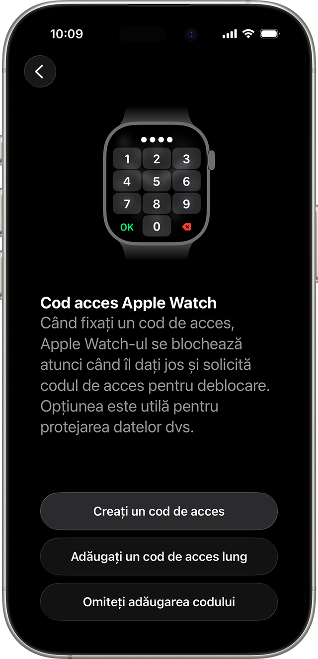 Ecran de configurare a codului de acces pentru Apple Watch