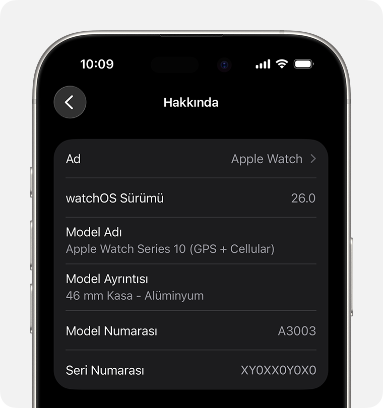 Hakkında ekranını ve Seri Numarasını gösteren iPhone