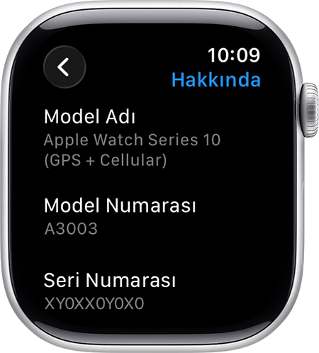 Hakkında ekranının ve Seri Numarasının gösterildiği Apple Watch