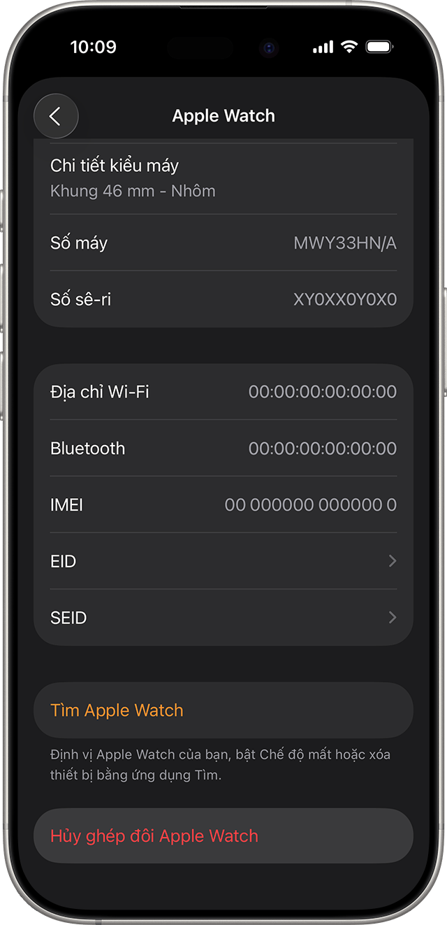 Màn hình iPhone hiển thị tùy chọn Hủy ghép đôi Apple Watch