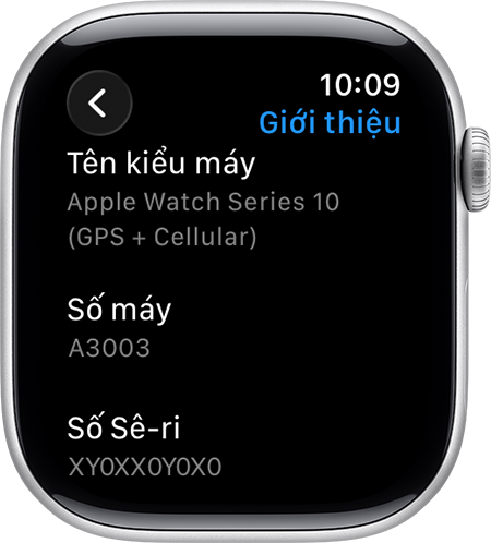 Apple Watch hiển thị màn hình Giới thiệu và Số sê-ri