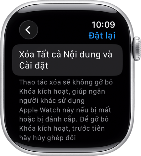 Apple Watch hiển thị Xóa tất cả nội dung và cài đặt