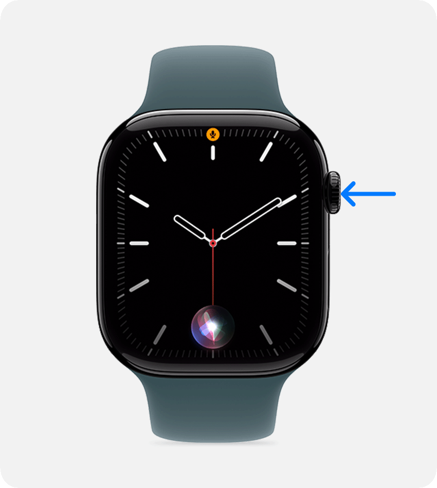Apple Watch with arrow pointing to the Digital Crown to activate Siri.