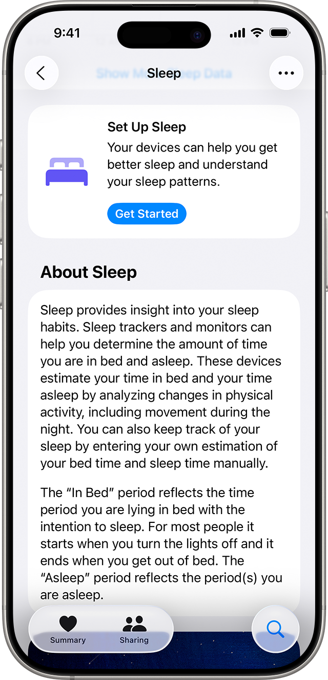 An iPhone that shows the Sleep screen in the Health app with a blue Get Started button to set up Sleep.