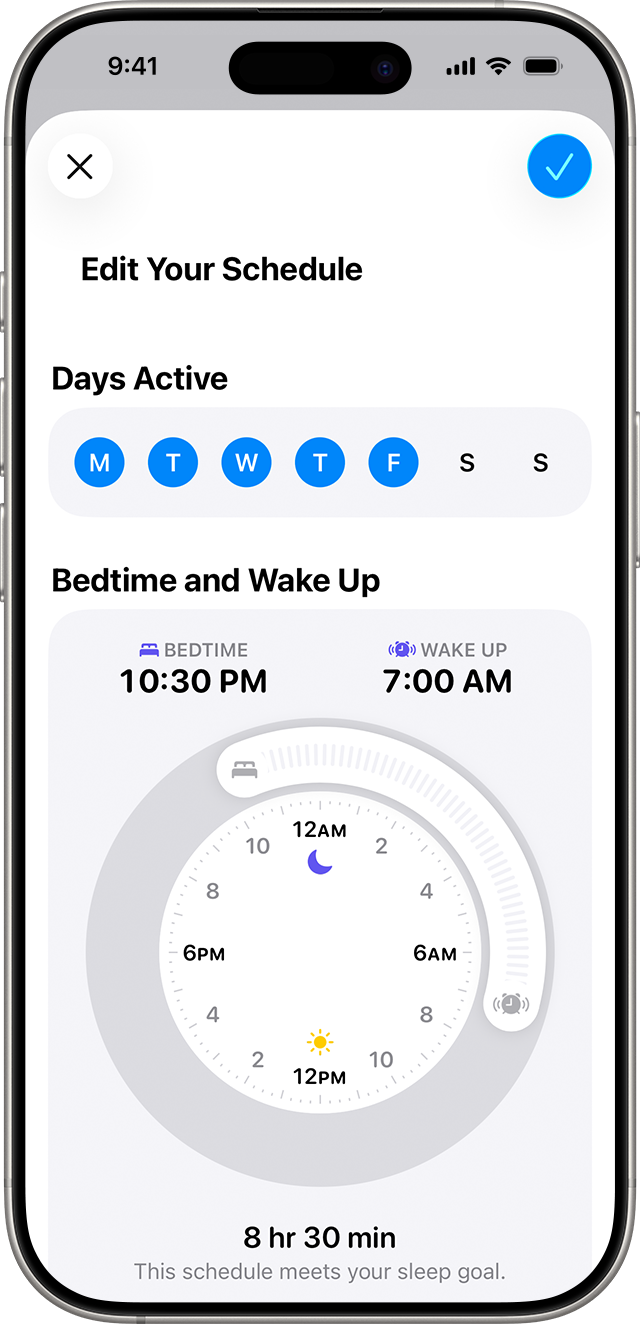 An iPhone that shows the Edit Your Schedule screen with a sleep schedule set for 8 hours and 30 minutes Monday through Friday.