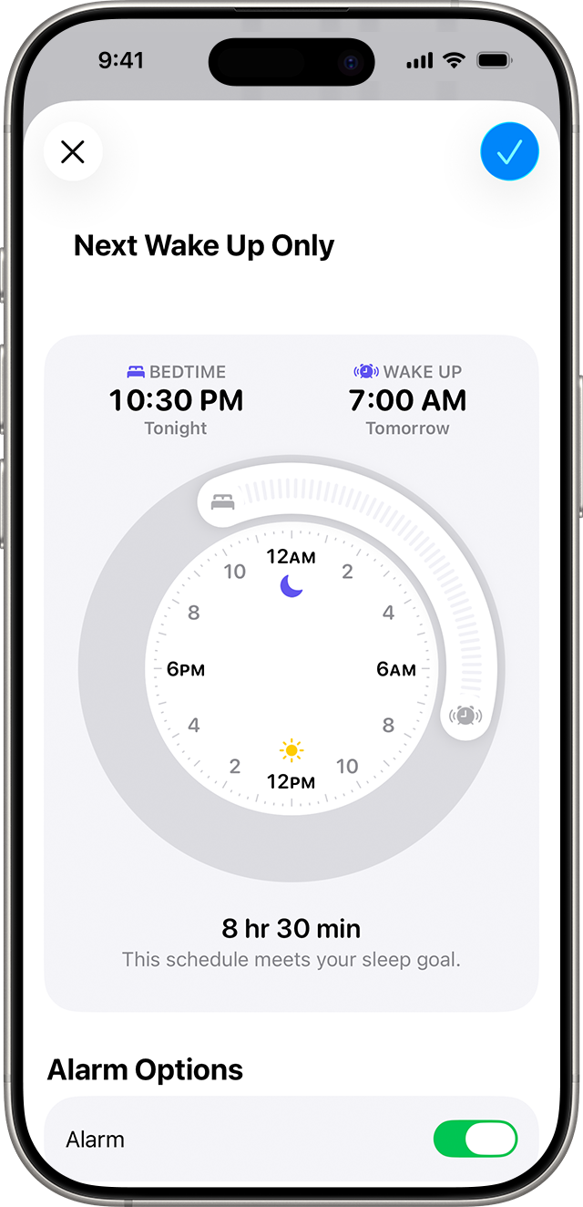 An iPhone that shows the Next Wake Up Only screen with a sleep schedule set for 8 hours and 30 minutes.