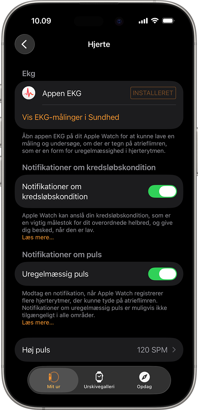 En iPhone, der viser indstillingerne til Hjertesundhed i Apple Watch-appen.