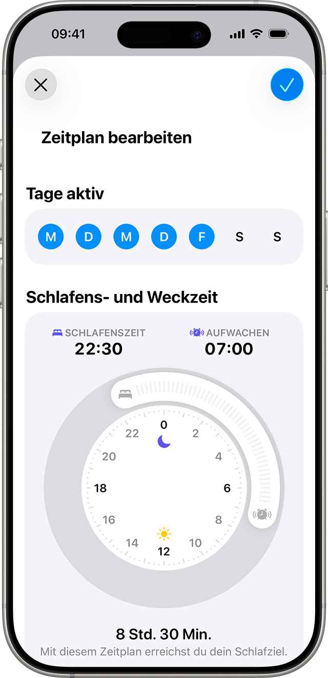Ein iPhone, das den Bildschirm „Zeitplan hinzufügen“ mit einem Schlafplan von 22:30 Uhr bis 7:00 Uhr für Montag bis Freitag anzeigt.