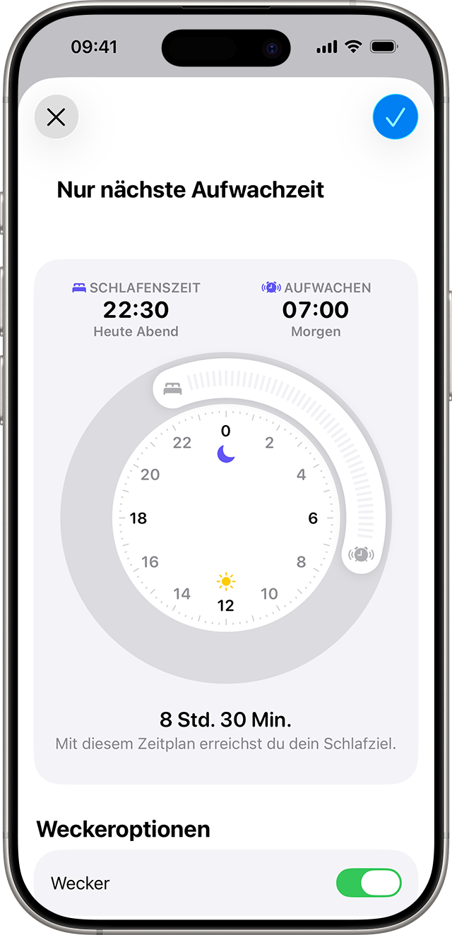 Ein iPhone, das den Bildschirm „Nur nächste Aufwachzeit“ mit einem Schlafplan von 22:30 Uhr bis 7:00 Uhr für Montag bis Freitag anzeigt.