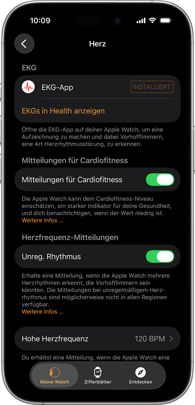 Ein iPhone, auf dem in der Apple Watch-App die Einstellungen zur Herzgesundheit angezeigt werden.