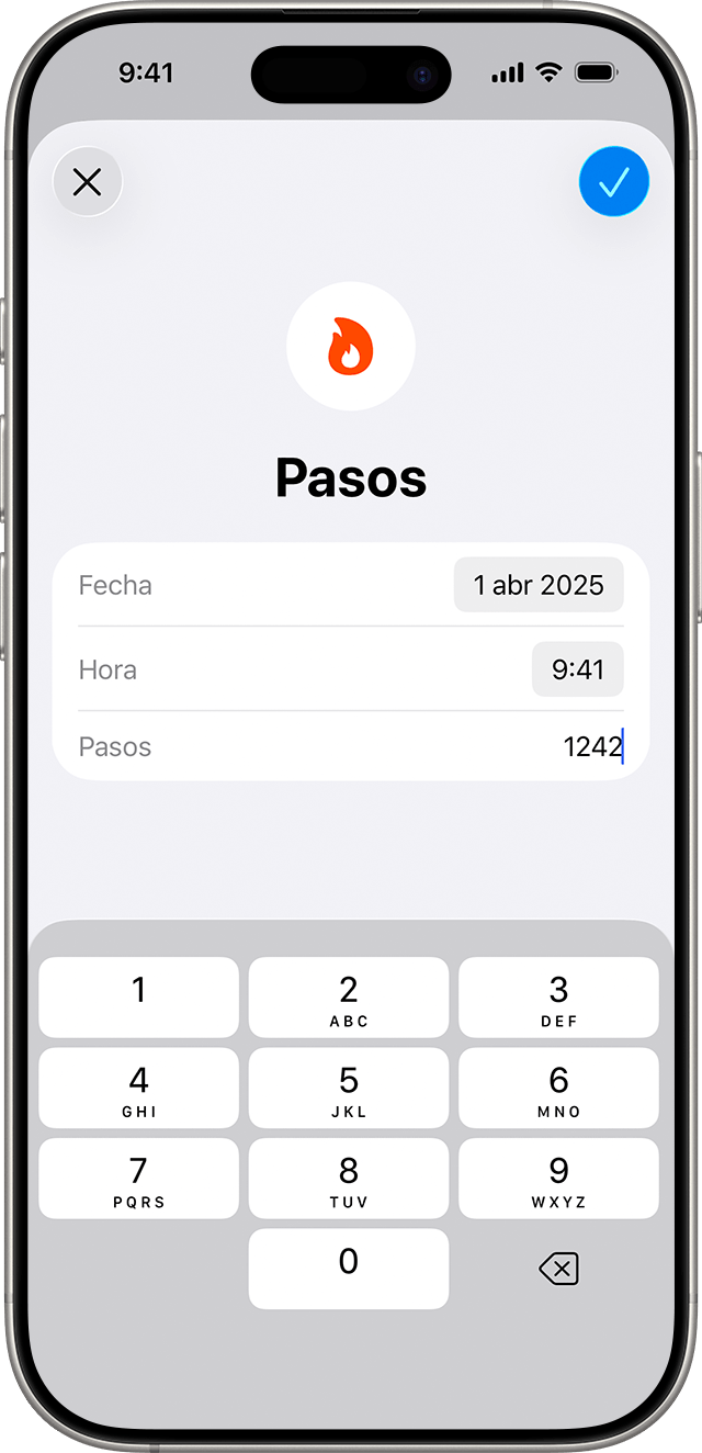 Un iPhone que muestra los datos de pasos introducidos de forma manual para una fecha y hora específicas.