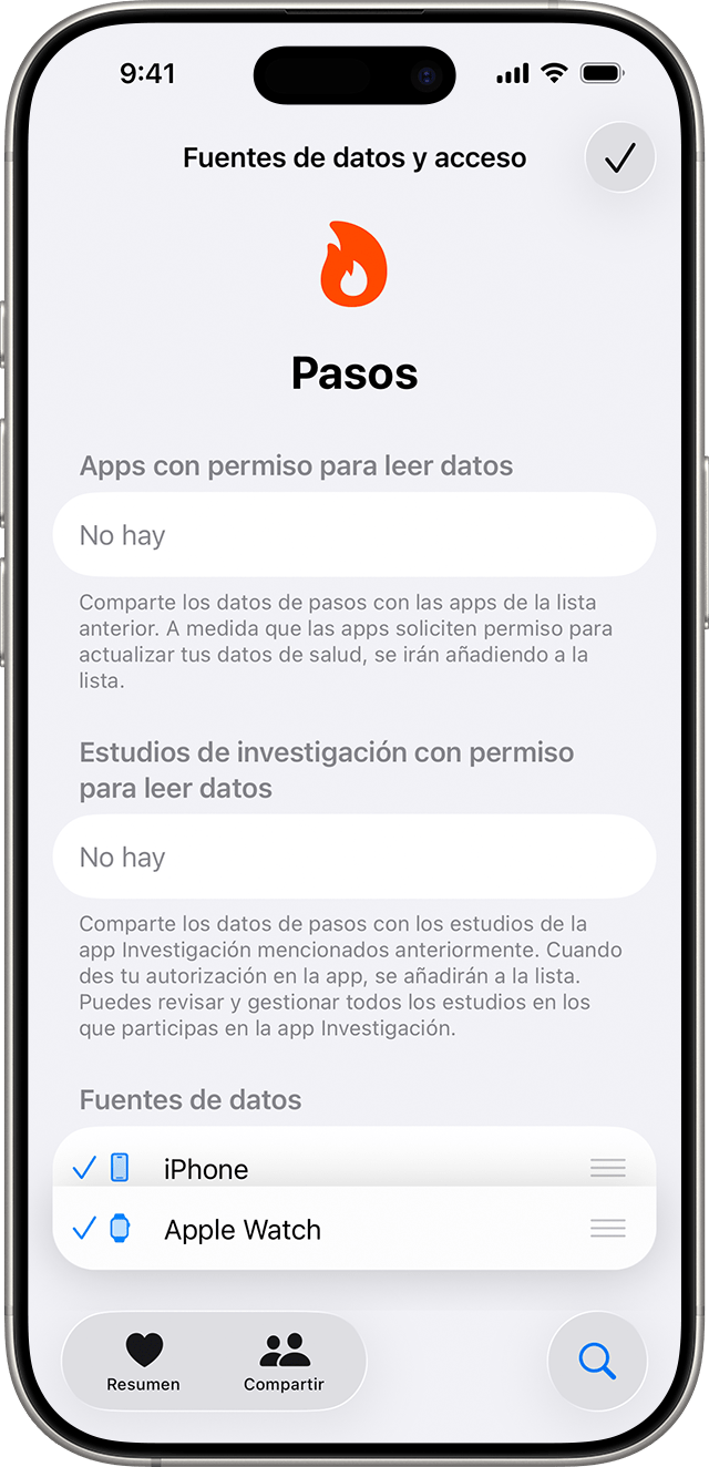 Un iPhone que muestra la pantalla donde se pueden reordenar las fuentes de datos