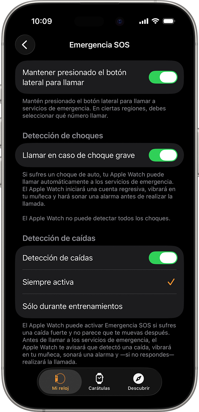 Un iPhone en el que se muestra la configuración disponible para Emergencia SOS.
