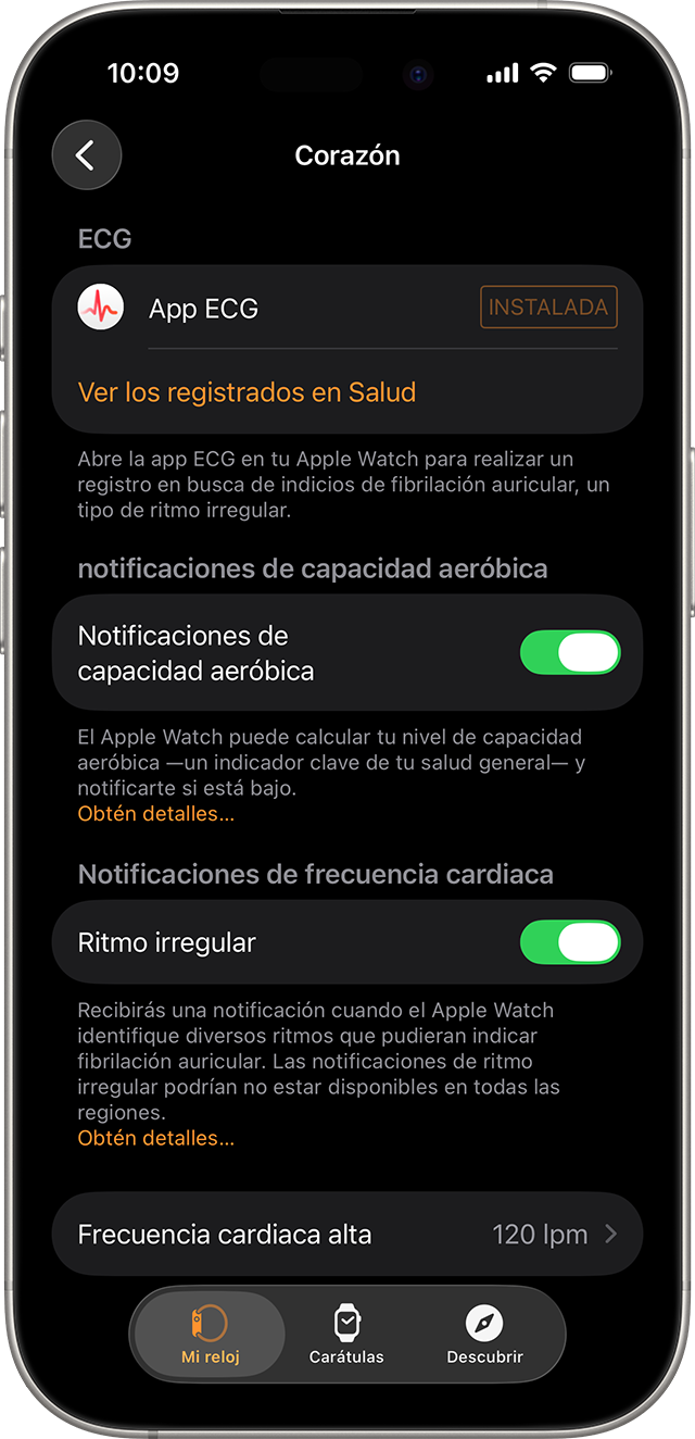 Un iPhone que muestra la configuración de salud cardíaca dentro de la app Apple Watch.