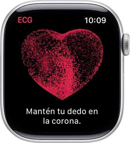 Un Apple Watch que te solicita que mantengas el dedo sobre la corona para obtener una lectura de ECG.