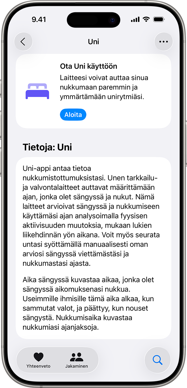 iPhone, jossa näkyy Terveys-apin Uni-näyttö ja sininen Aloita-painike uniominaisuuden käyttöönottoa varten.
