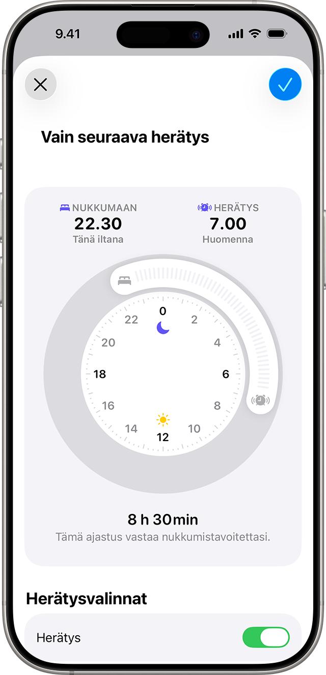 iPhone, jossa näkyy Vain seuraava herätys ‑näyttö ja jonka uniajastukseksi on määritetty klo 22.30–7.00 maanantaista perjantaihin.