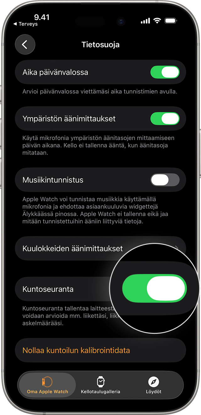 iPhonen näyttö, jossa näkyvät Apple Watchin Tietosuoja-asetukset