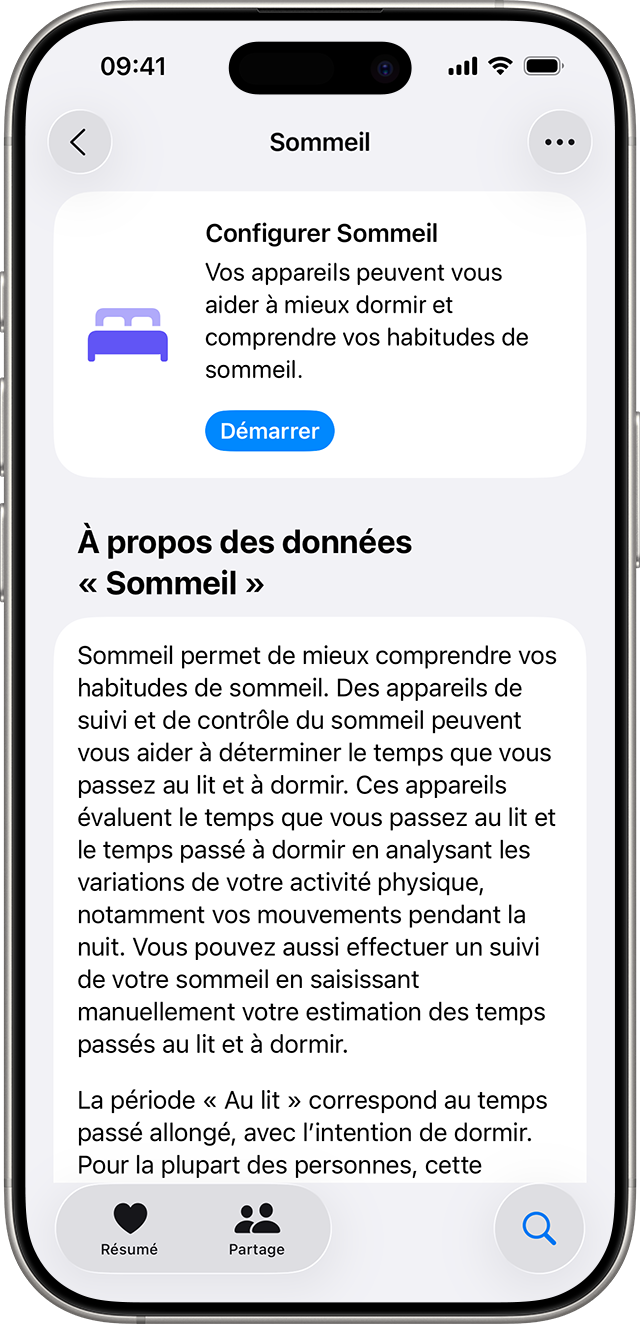 iPhone qui affiche l’écran Sommeil dans l’app Santé avec un bouton bleu Démarrer pour configurer la fonctionnalité Sommeil.