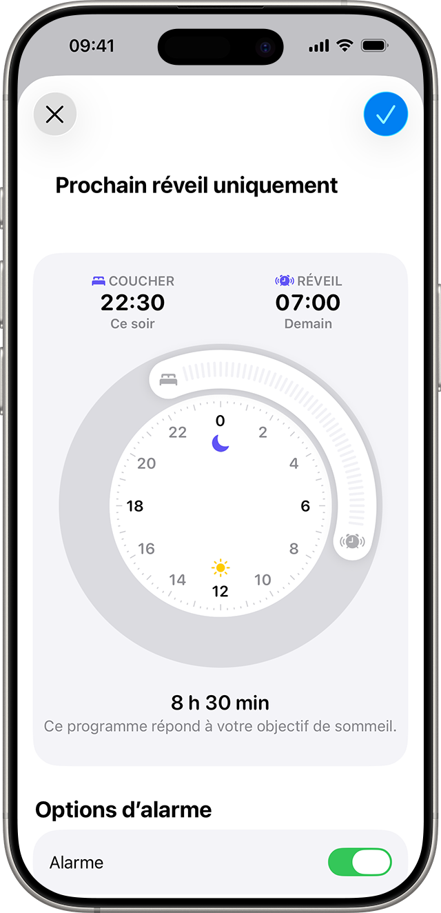 Un iPhone qui affiche l’écran Prochain réveil uniquement avec un programme de sommeil défini de 22 h 30 à 7 h du lundi au vendredi.