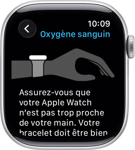 Écran d’Apple Watch montrant un diagramme d’un poignet avec une Apple Watch portée dans la position appropriée.