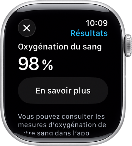 Une Apple Watch qui affiche un message indiquant que l’enregistrement est terminé à la fin d’une mesure du taux d’oxygénation du sang.